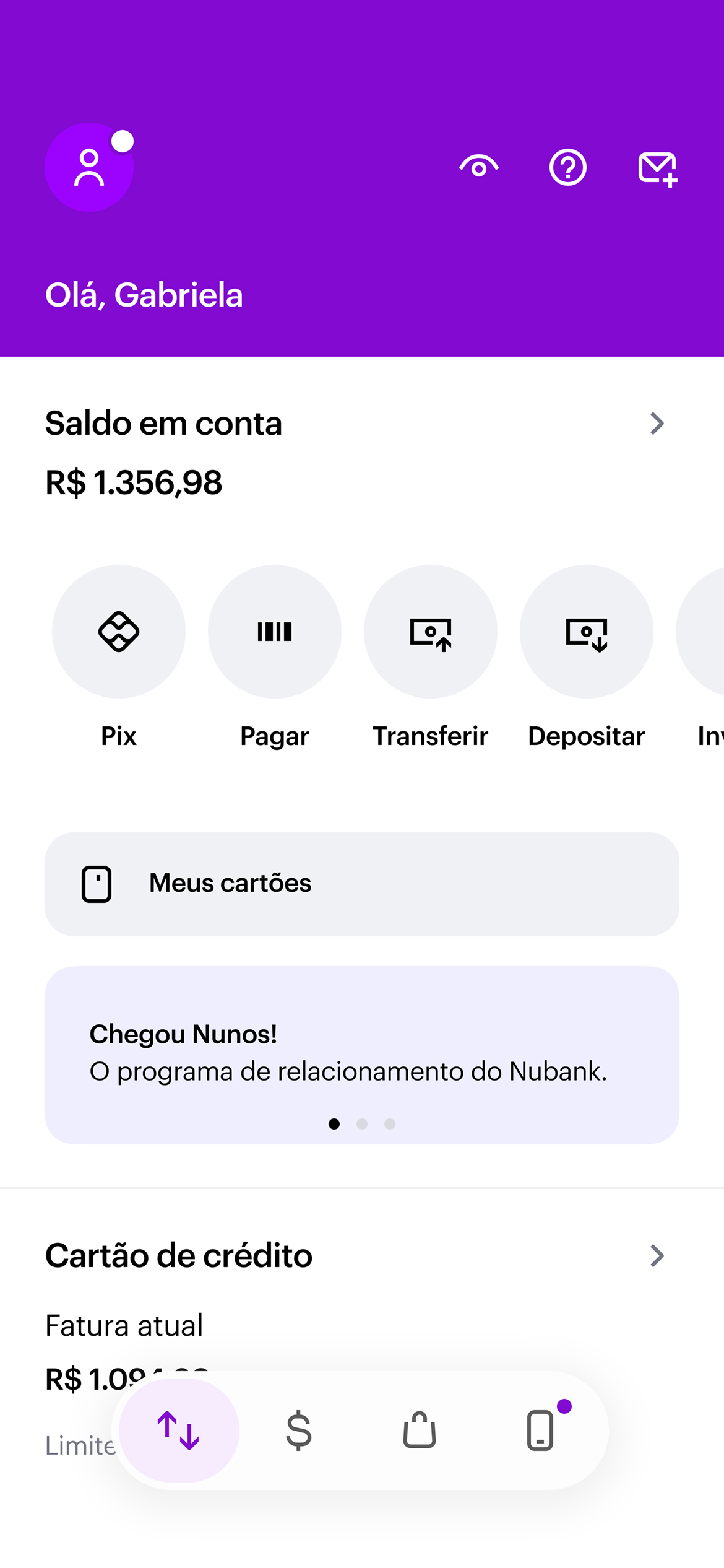 Nubank Nunos rewards program overview screen
